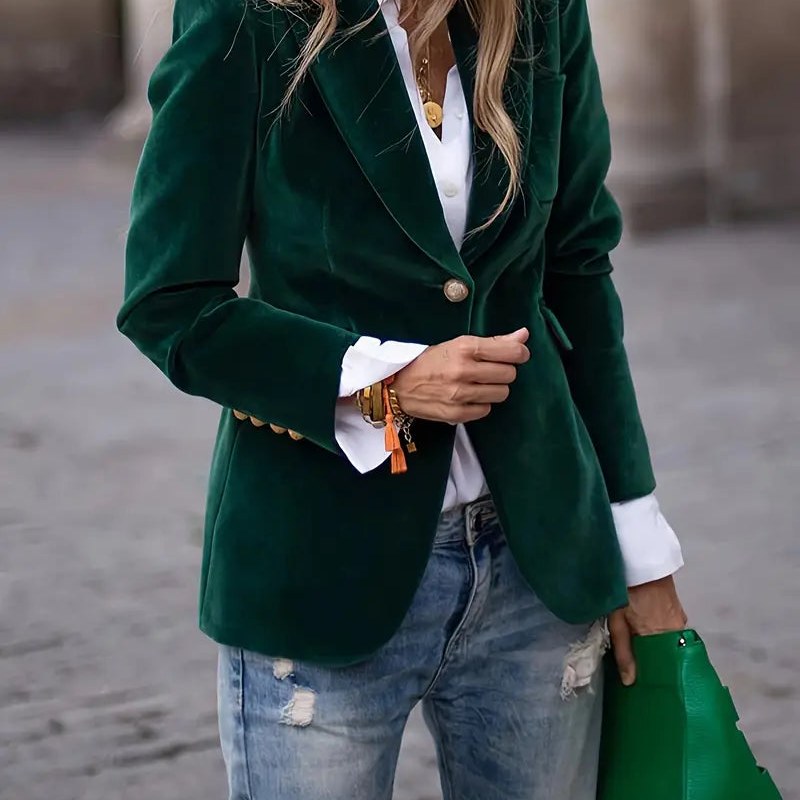 Blazer de efecto terciopelo para mujer en verde – vista frontal