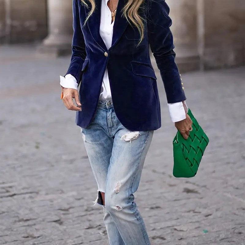 Blazer de efecto terciopelo para mujer en azul – look de calle