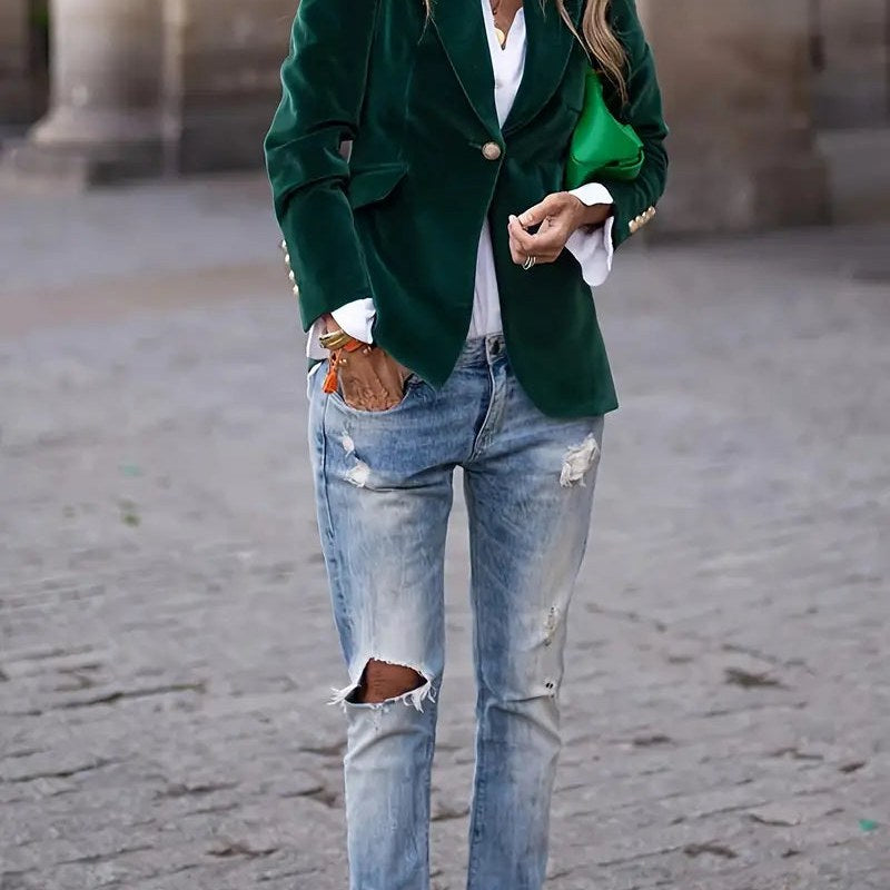 Blazer de efecto terciopelo para mujer en verde – look completo