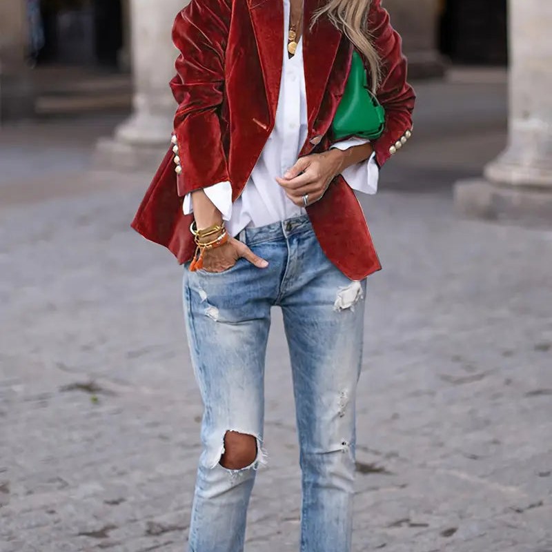 Blazer de efecto terciopelo para mujer en rojo – look completo