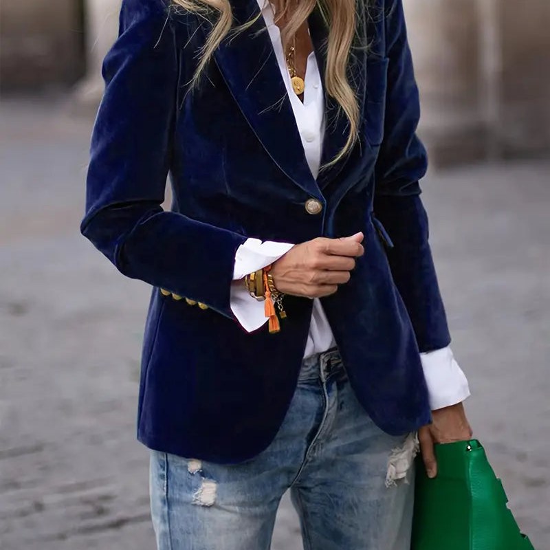 Blazer de efecto terciopelo para mujer en azul – vista frontal