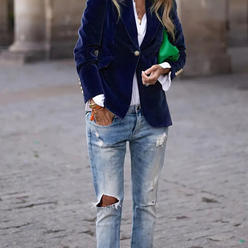 Blazer de efecto terciopelo para mujer en azul – look completo