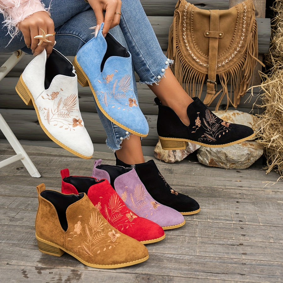 Botines bordados para mujer con tacón bajo y cierre lateral para el entretiempo