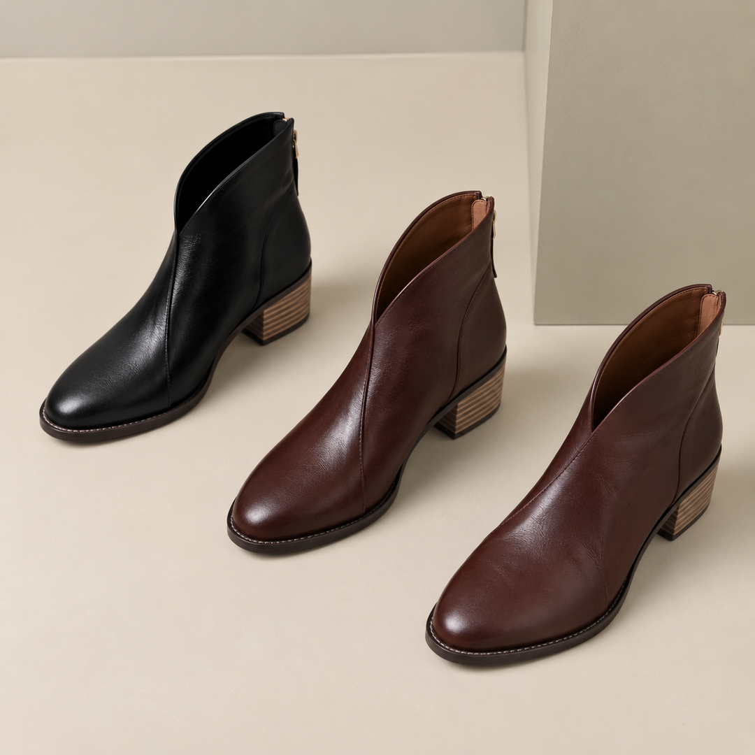 Botines para mujer con escote en V en negro y dos tonos de marrón