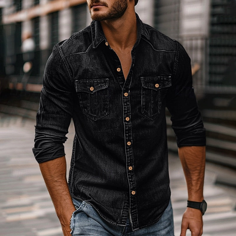 Camisa de aspecto vaquero para hombre con bolsillos en el pecho y botones para el día a día
