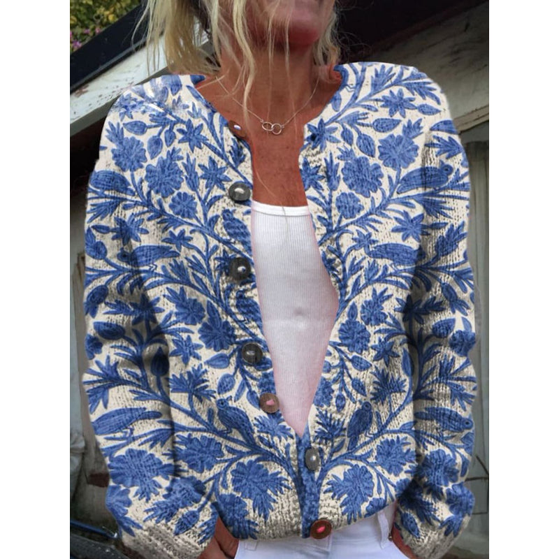 Cárdigan de punto con estampado floral para mujer en azul – vista frontal