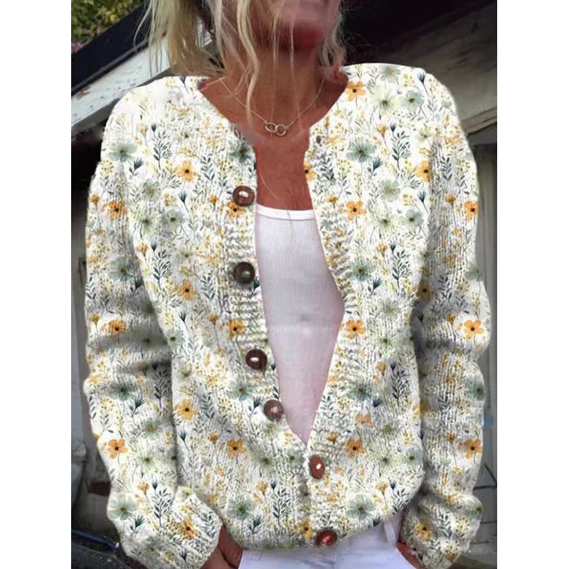 Cárdigan de punto con estampado floral para mujer en beige – vista frontal