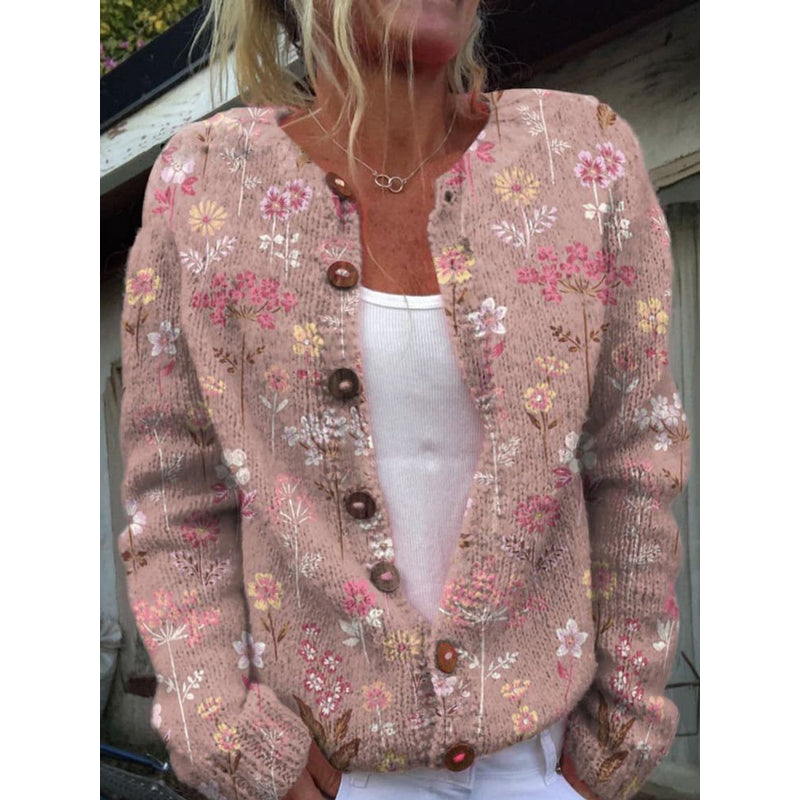 Cárdigan de punto con estampado floral para mujer en rosa – vista frontal