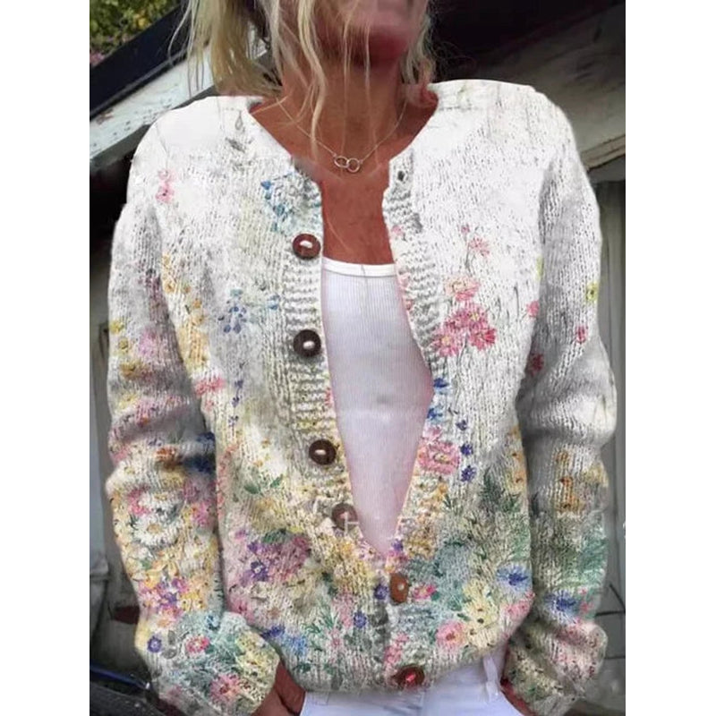 Cárdigan de punto con estampado floral para mujer en blanco – vista frontal