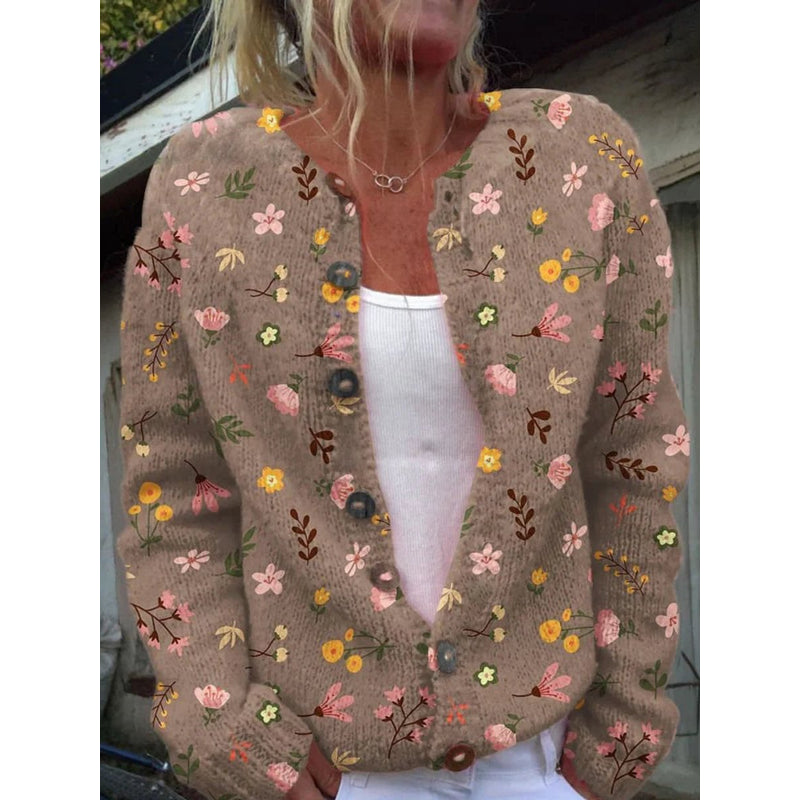 Cárdigan de punto con estampado floral para mujer en caqui – vista frontal