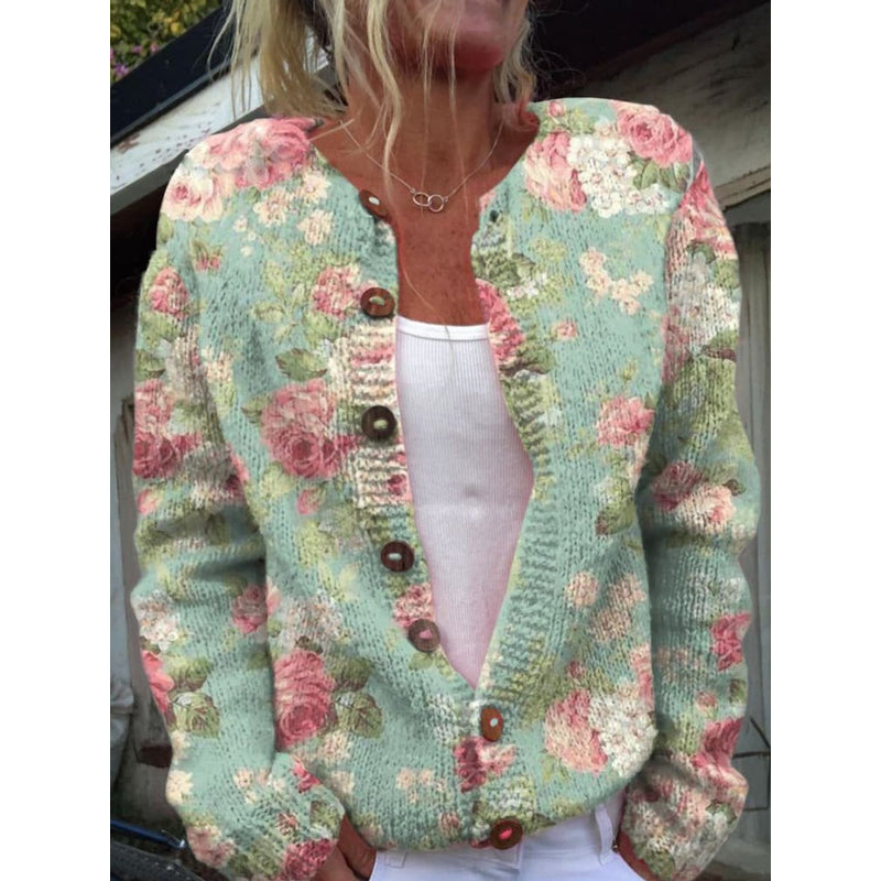 Cárdigan de punto con estampado floral para mujer en verde – vista frontal