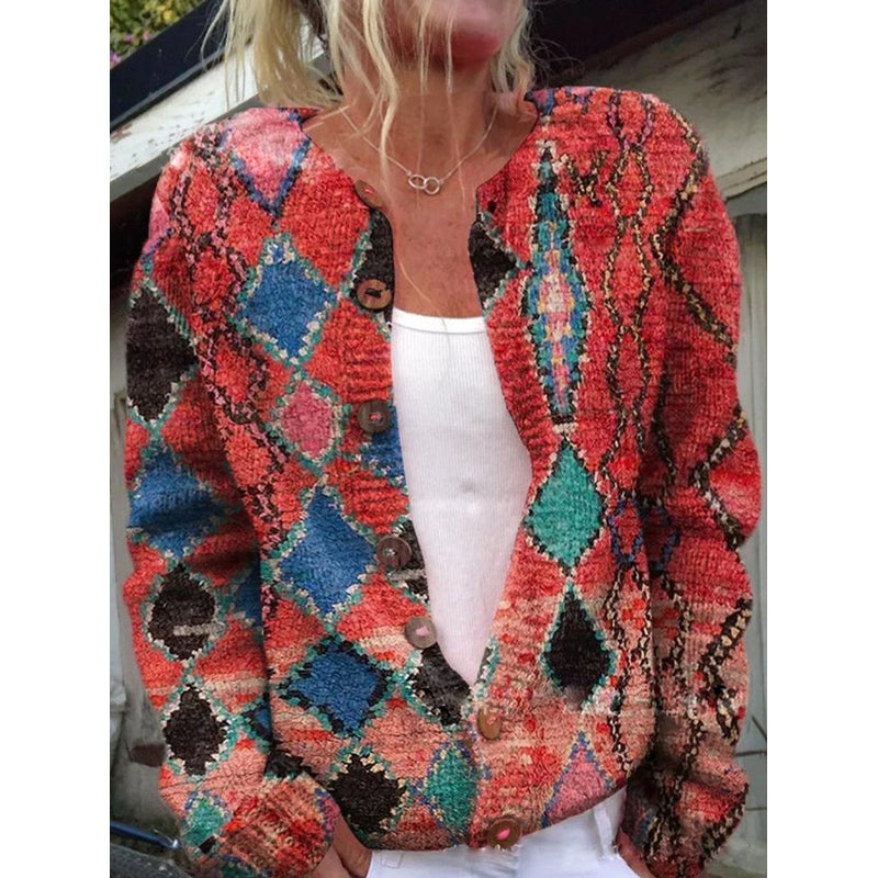 Cárdigan de punto con estampado floral para mujer en rojo – vista frontal