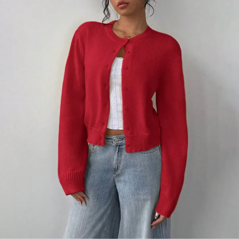 Cárdigan corto con cuello redondo para mujer en rojo – vista frontal