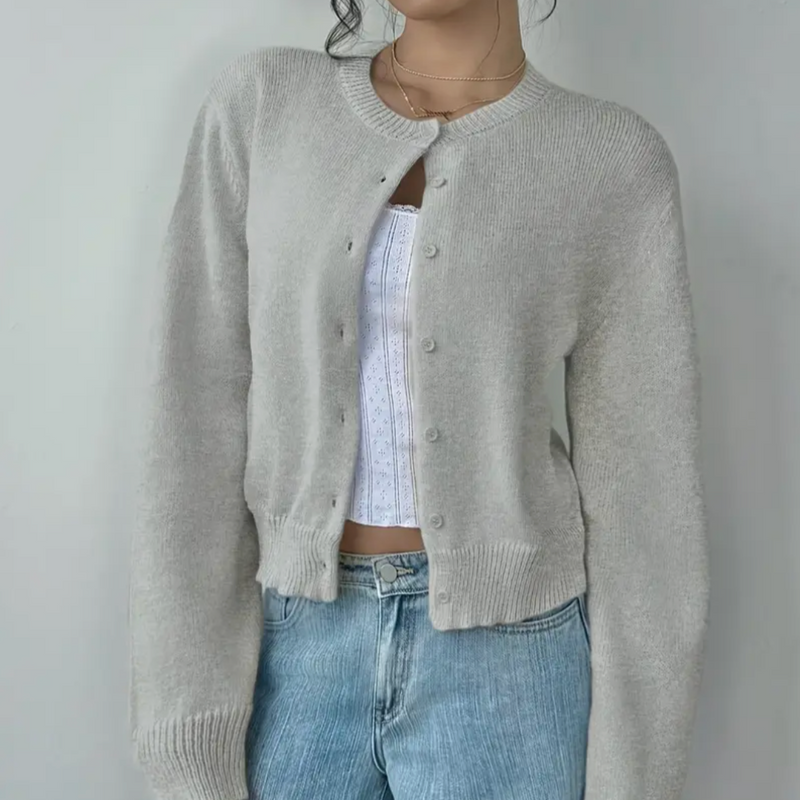 Cárdigan corto con cuello redondo para mujer en gris – vista frontal
