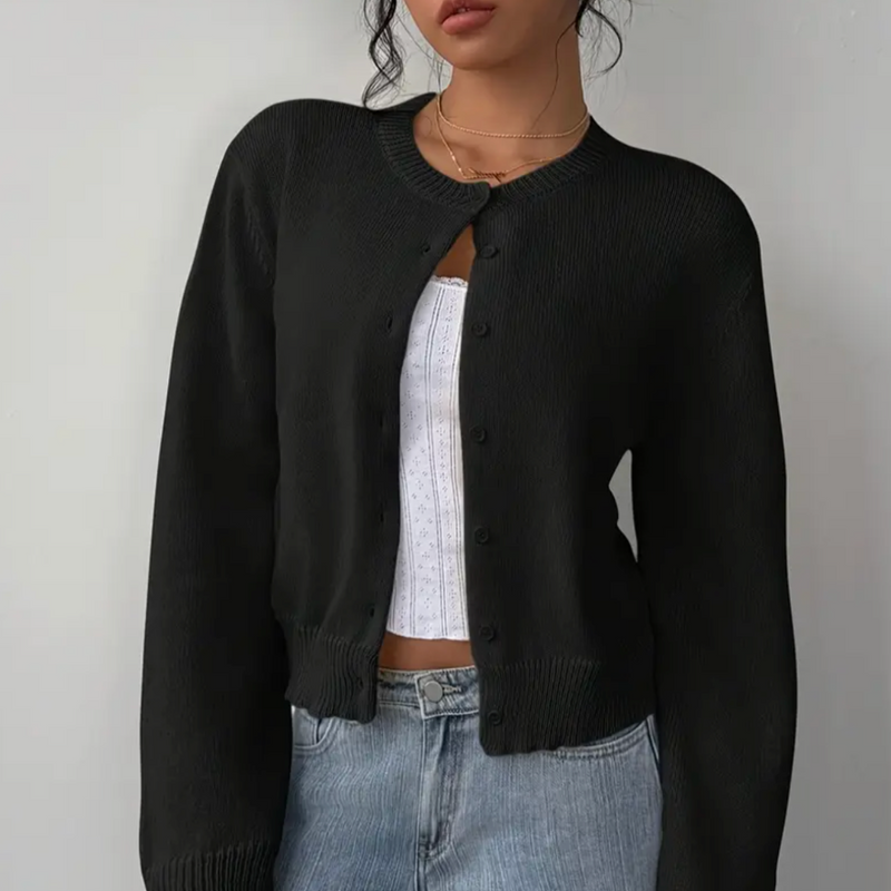 Cárdigan corto con cuello redondo para mujer en negro – vista frontal