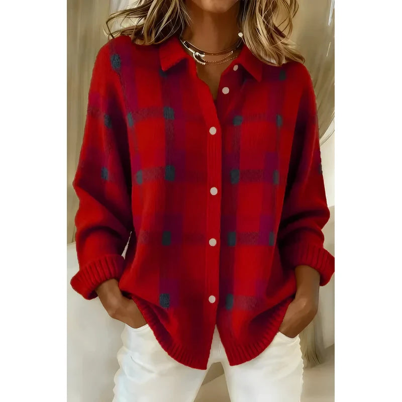 Cárdigan de cuadros con cuello camisero para mujer en rojo – vista frontal
