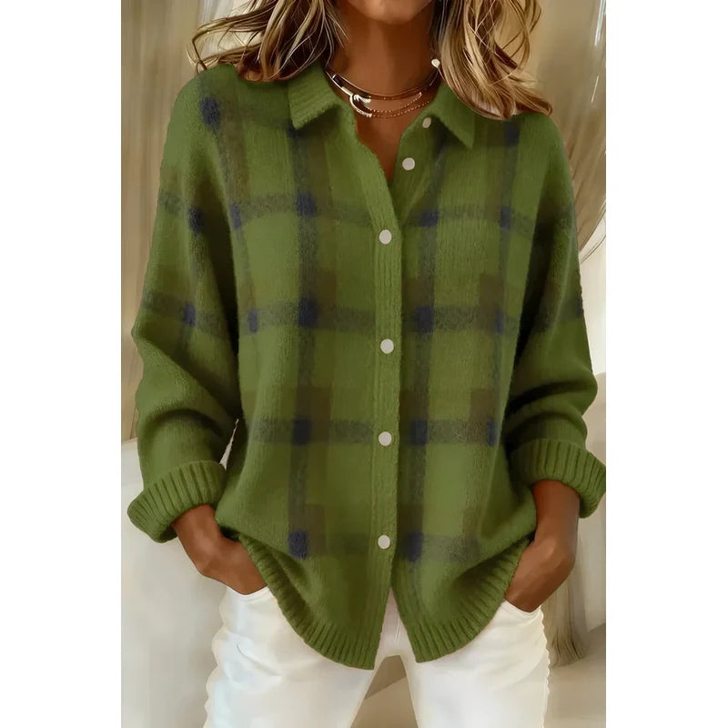 Cárdigan de cuadros con cuello camisero para mujer en verde – vista frontal