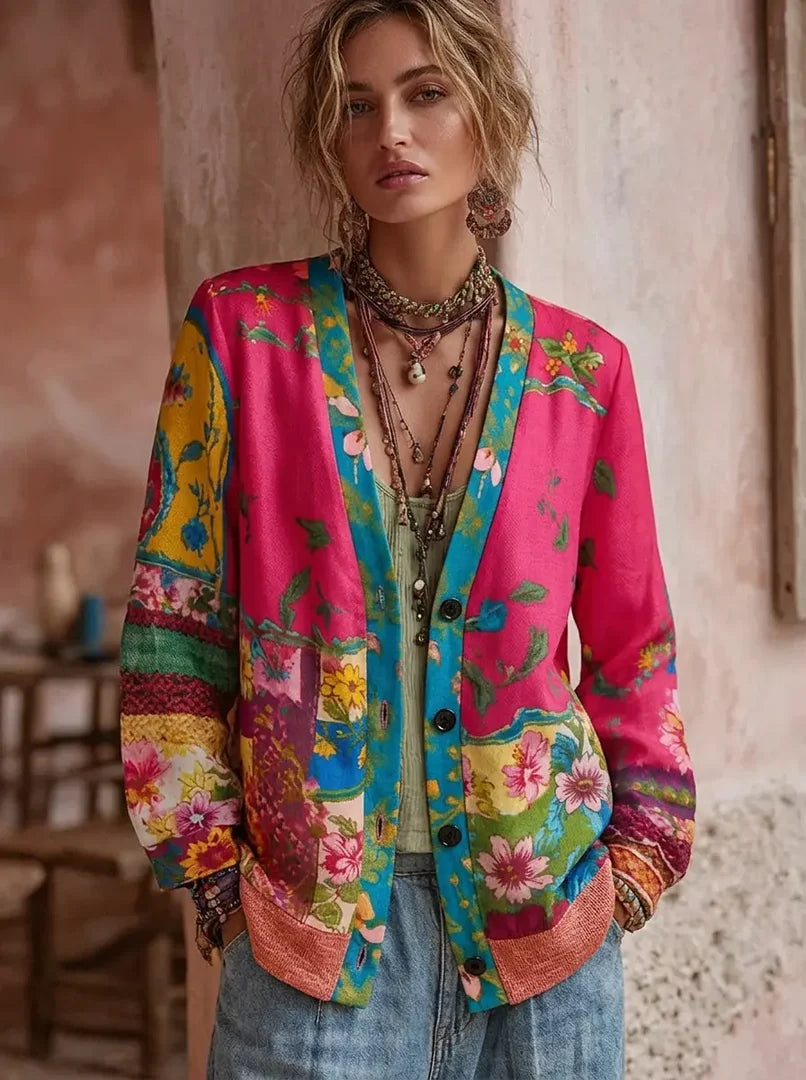 Cárdigan de flores multicolor para mujer con escote de pico y botones para el entretiempo