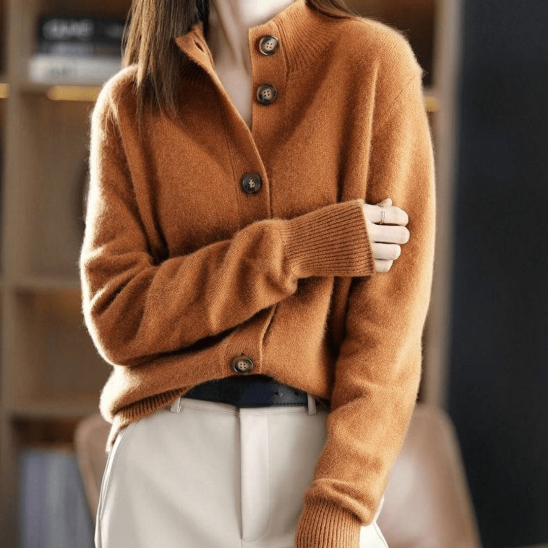 Cárdigan de punto suave para mujer con cuello redondo y botones en camel