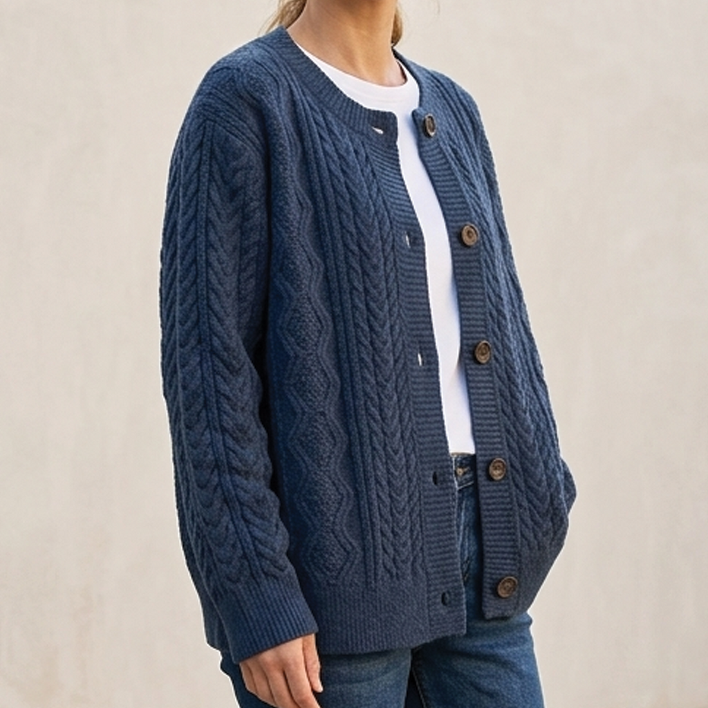 Cárdigan para mujer de punto trenzado en azul marino, vista lateral