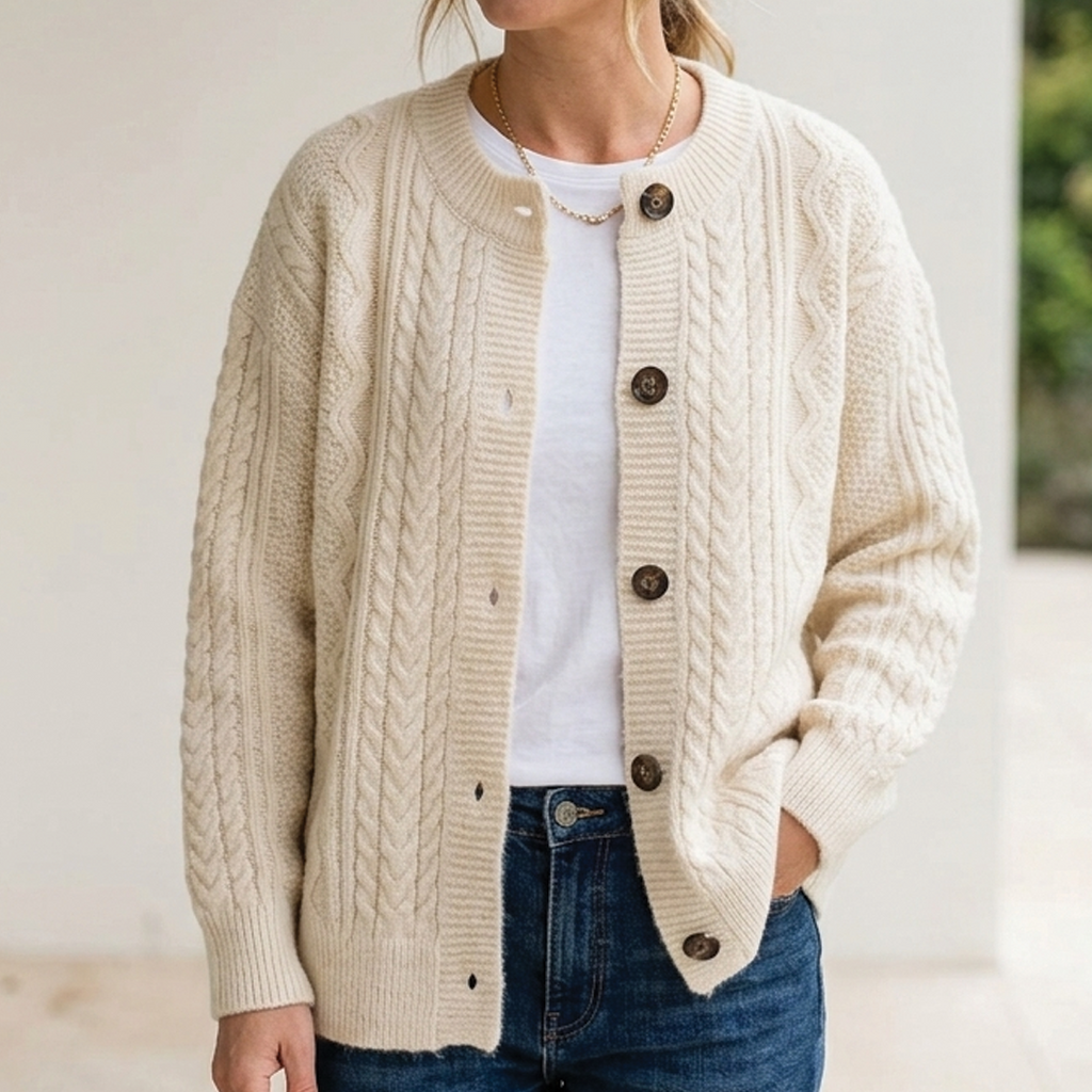 Cárdigan para mujer con botones en beige con camiseta blanca