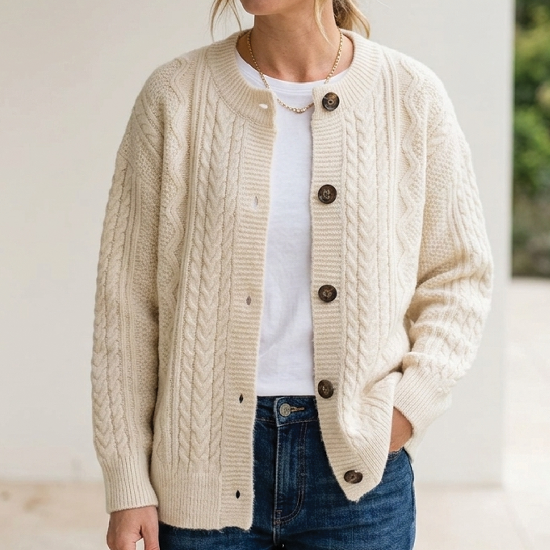 Cárdigan para mujer con botones en beige con camiseta blanca