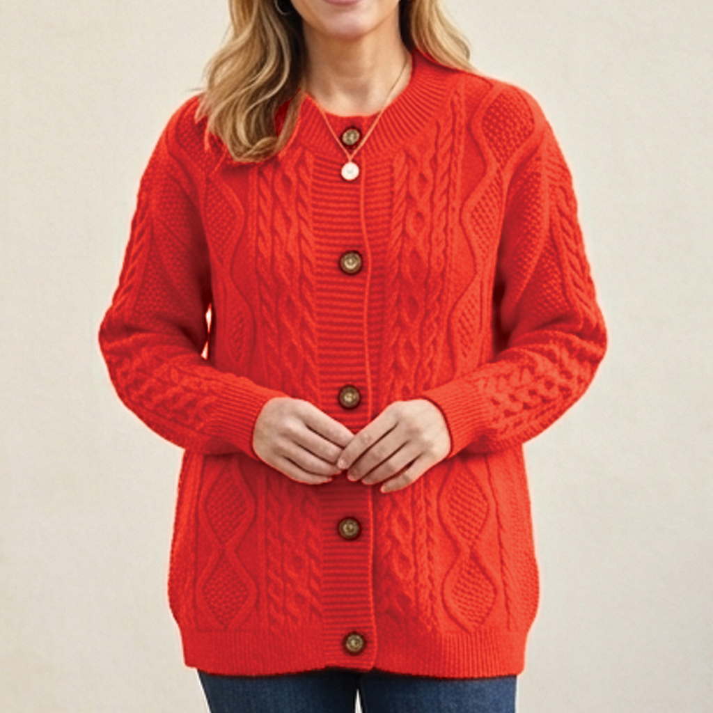Cárdigan para mujer de punto trenzado en naranja, vista frontal