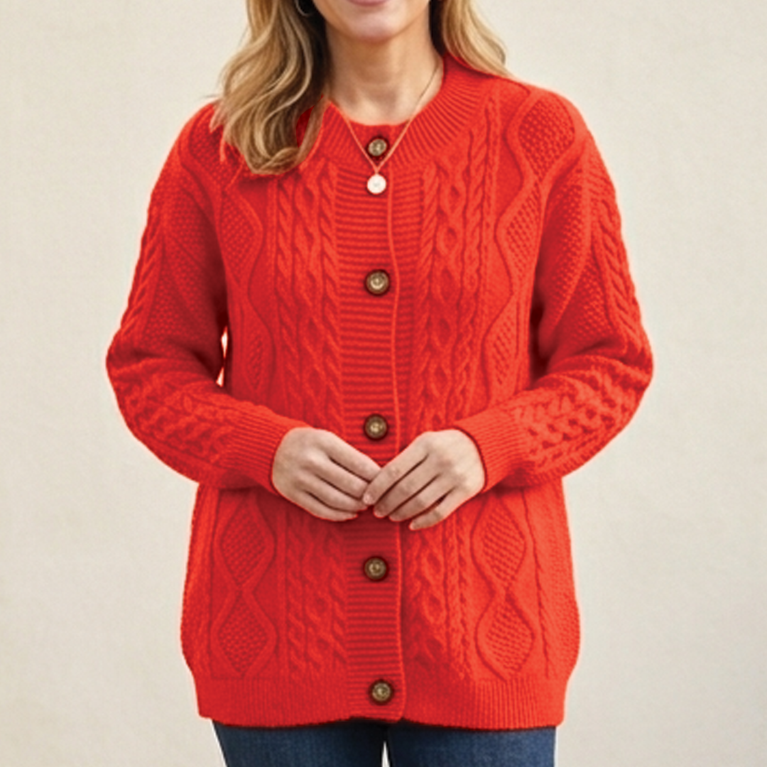 Cárdigan para mujer de punto trenzado en naranja, vista frontal