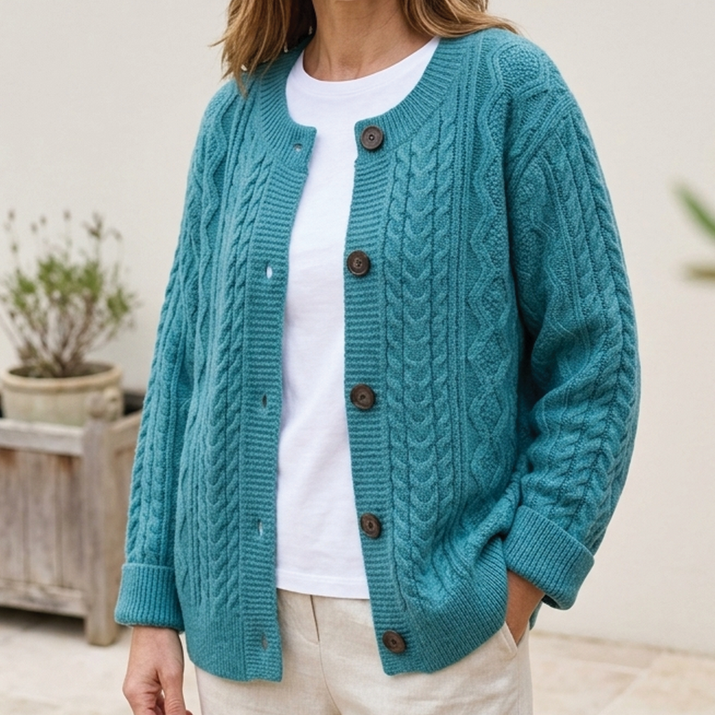 Cárdigan para mujer con cuello redondo en color turquesa, vista de tres cuartos