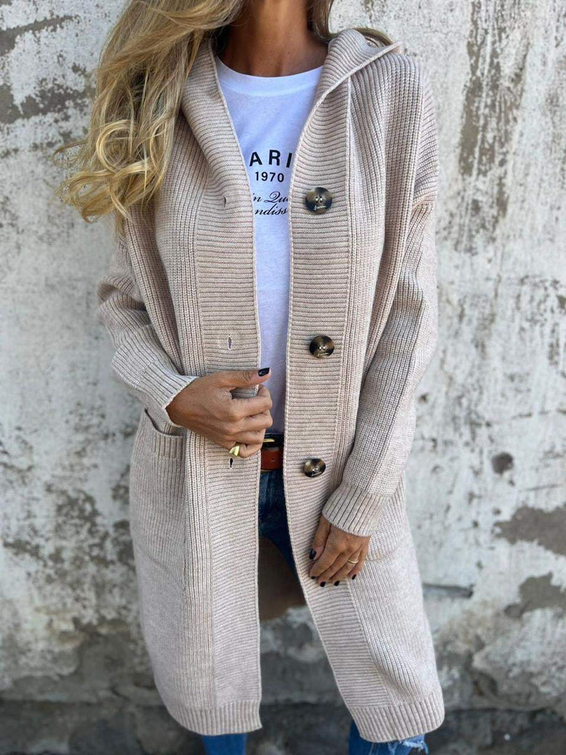 Cárdigan largo con capucha para mujer con bolsillos y botones grandes para el otoño
