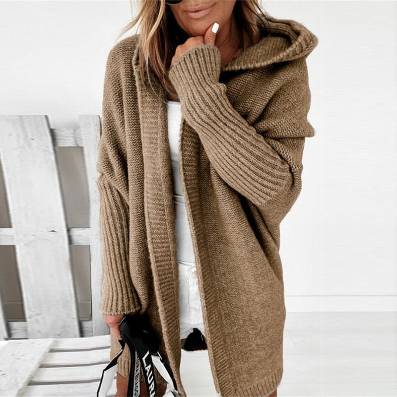 Cárdigan largo oversize para mujer con capucha y mangas murciélago para el invierno