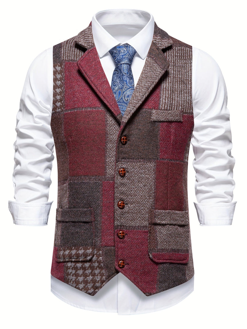 Chaleco de patchwork para hombre con solapas y bolsillos en burdeos, vista frontal