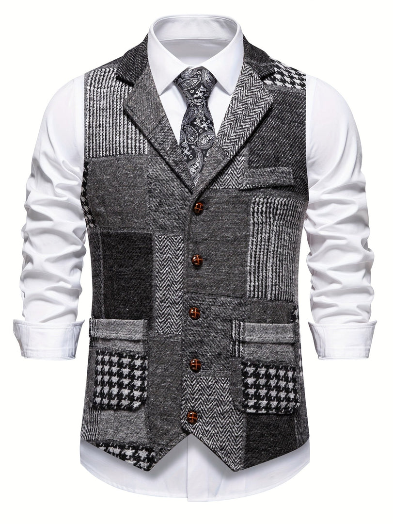 Chaleco de patchwork para hombre con solapas y bolsillos en gris, vista frontal