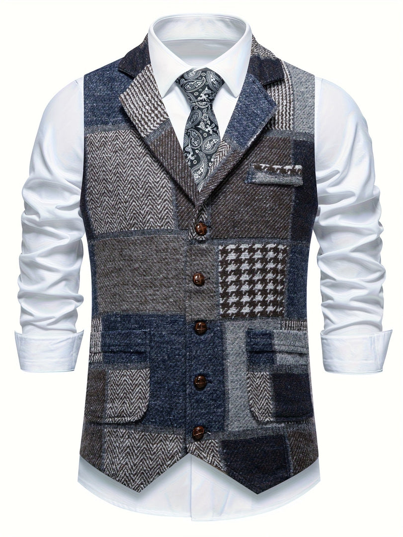 Chaleco de patchwork para hombre con solapas y bolsillos en azul, vista frontal