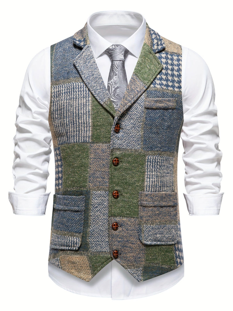 Chaleco de patchwork para hombre con solapas y bolsillos en verde, vista frontal