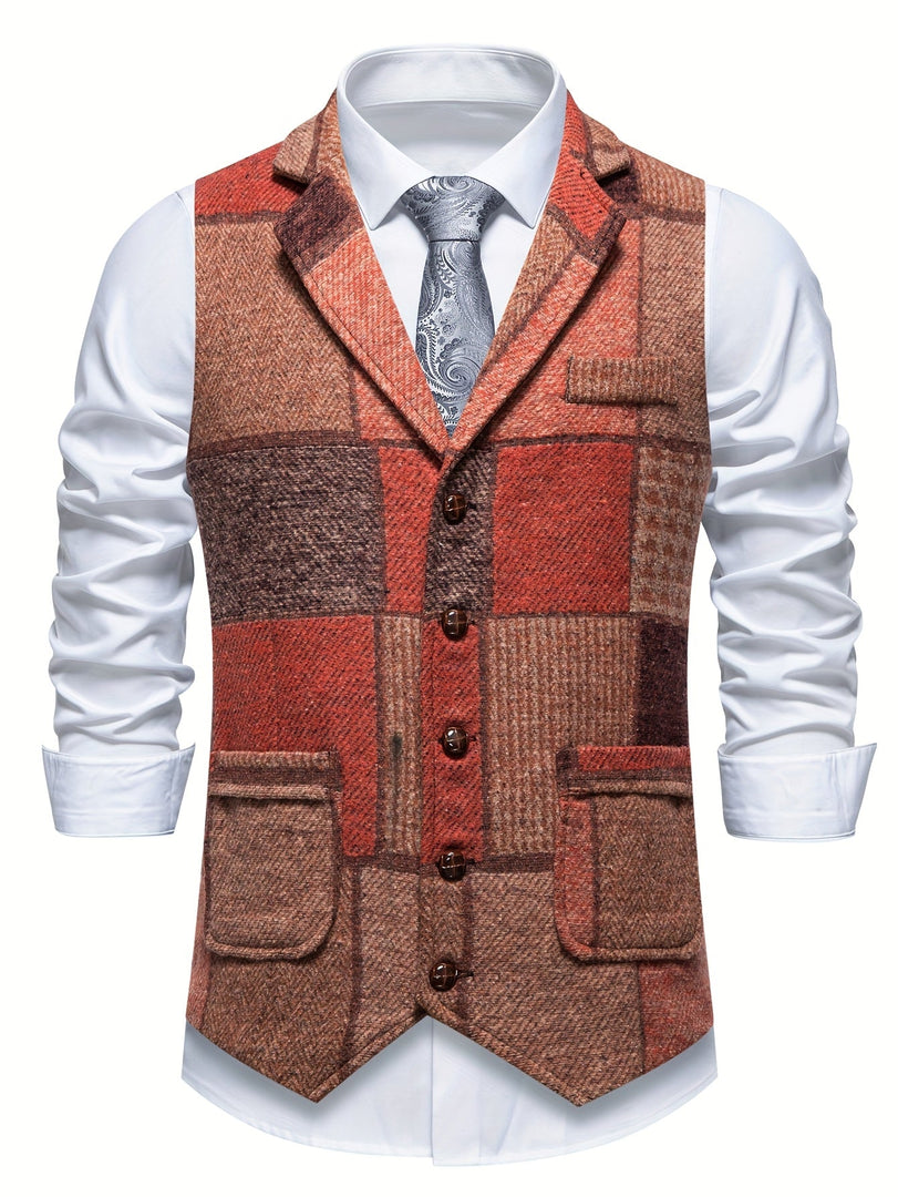 Chaleco de patchwork para hombre con solapas y bolsillos en naranja, vista frontal