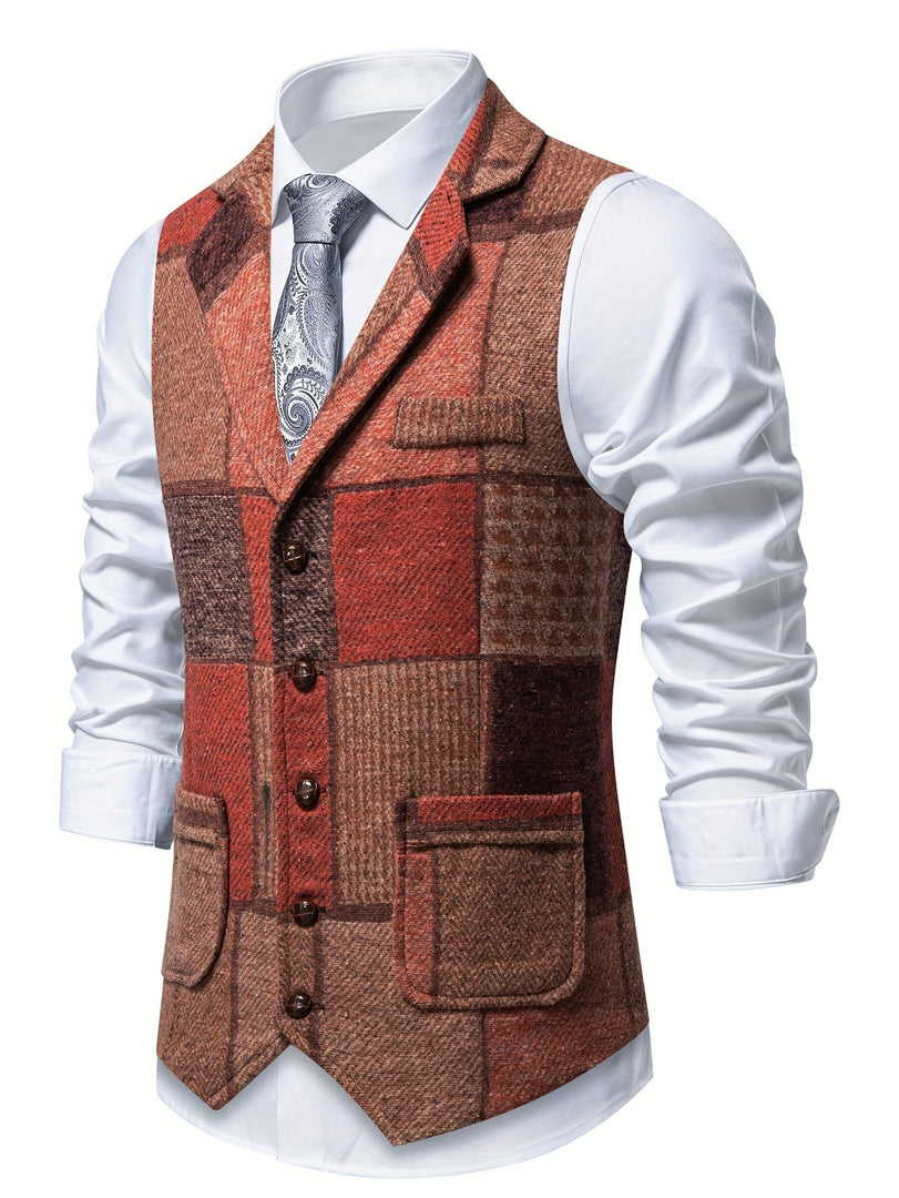 Chaleco de patchwork para hombre en naranja, vista lateral con bolsillos