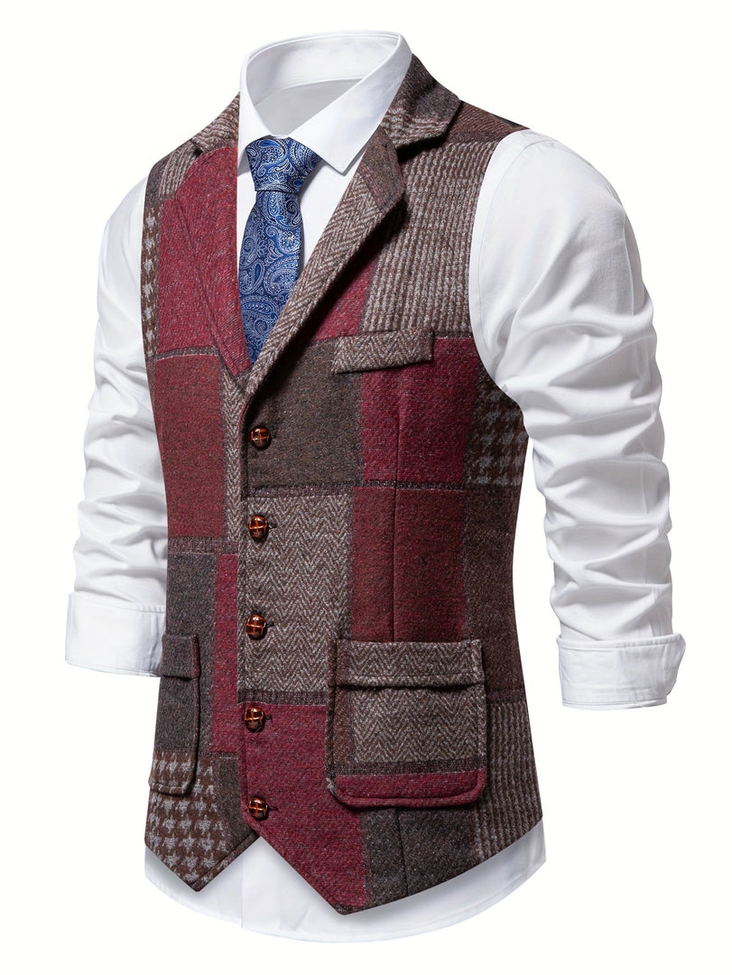 Chaleco de patchwork para hombre en burdeos, vista lateral con bolsillos