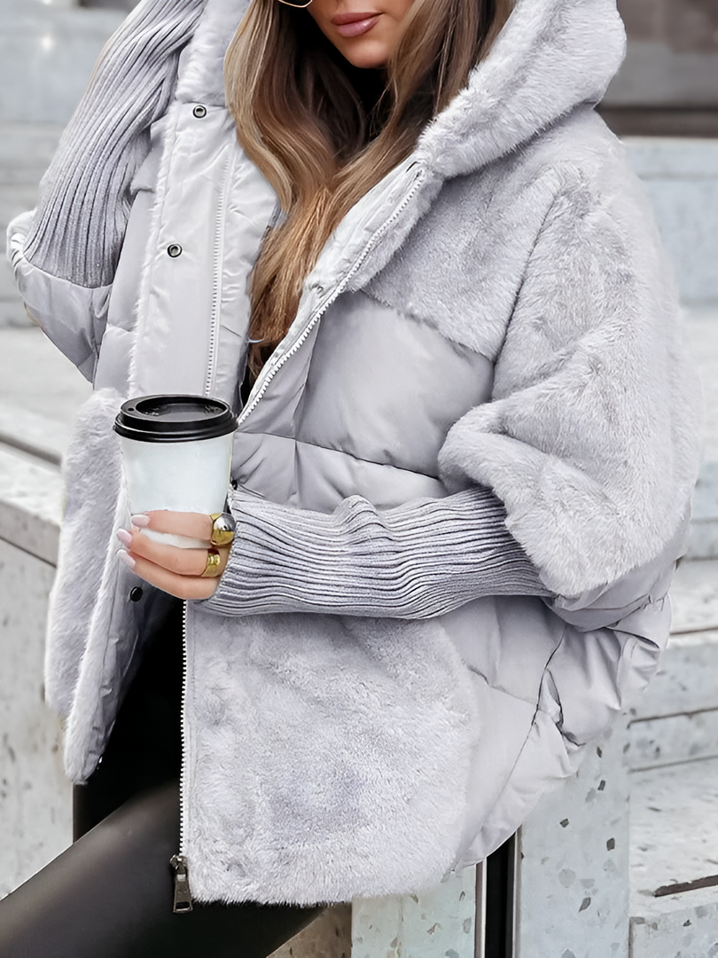 Chaqueta acolchada para mujer con capucha y cremallera en gris claro