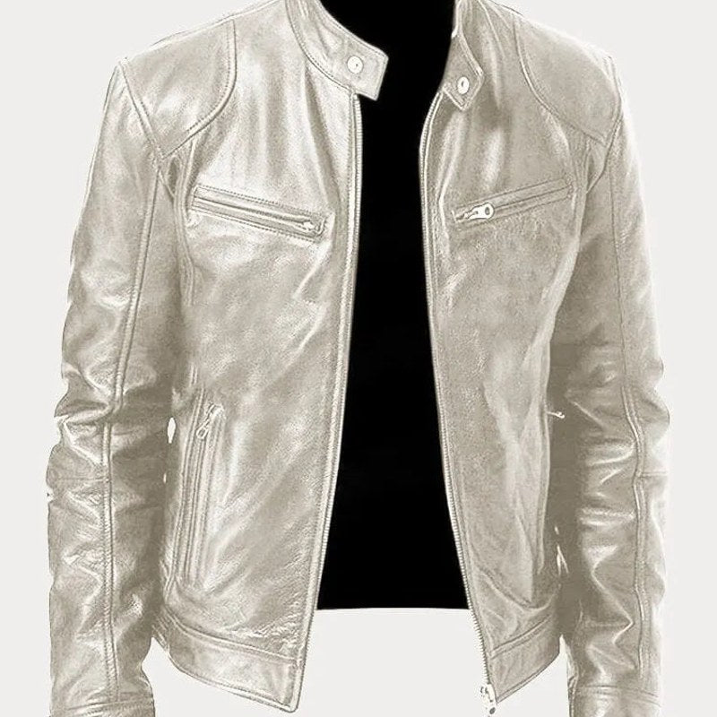 Chaqueta biker de efecto cuero para hombre en plateado – vista frontal