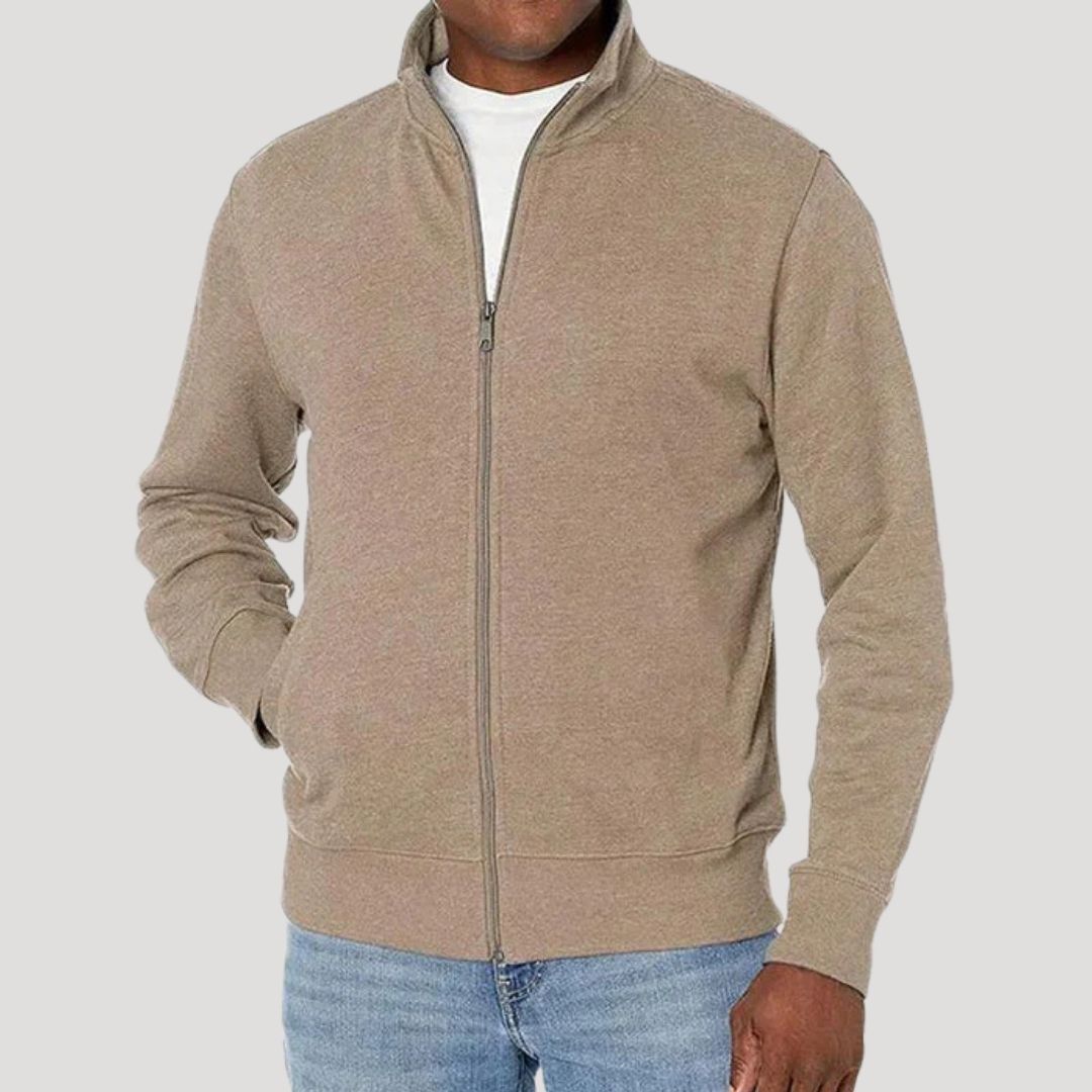 Chaqueta con cremallera para hombre con cuello alto en beige, vista frontal