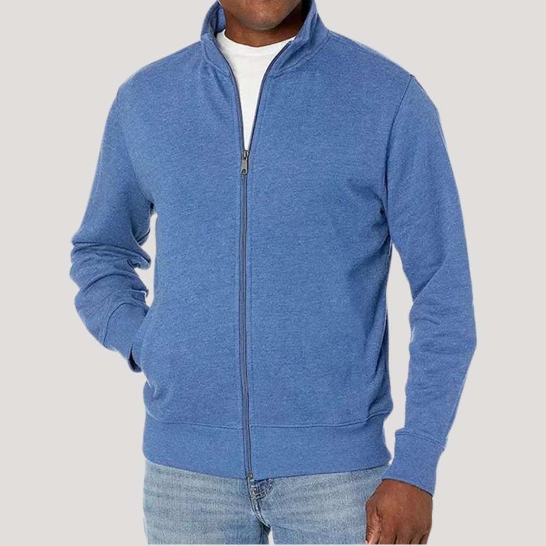 Chaqueta con cremallera para hombre con cuello alto en azul claro, vista frontal