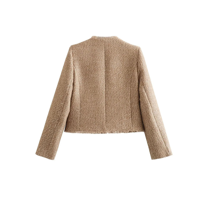 Chaqueta corta de efecto tweed para mujer en beige – prenda sola – vista frontal