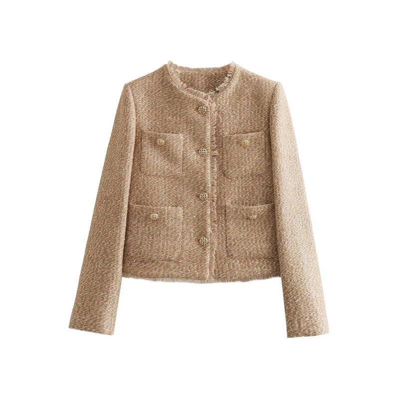 Chaqueta corta de efecto tweed para mujer en beige – detalle de los bolsillos