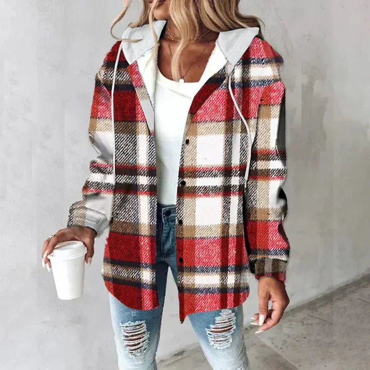 Chaqueta de cuadros para mujer con capucha y botones para el otoño y el invierno