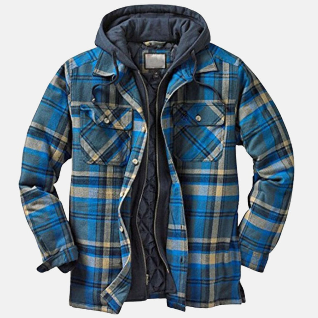 Chaqueta de cuadros para hombre con capucha y botones en azul