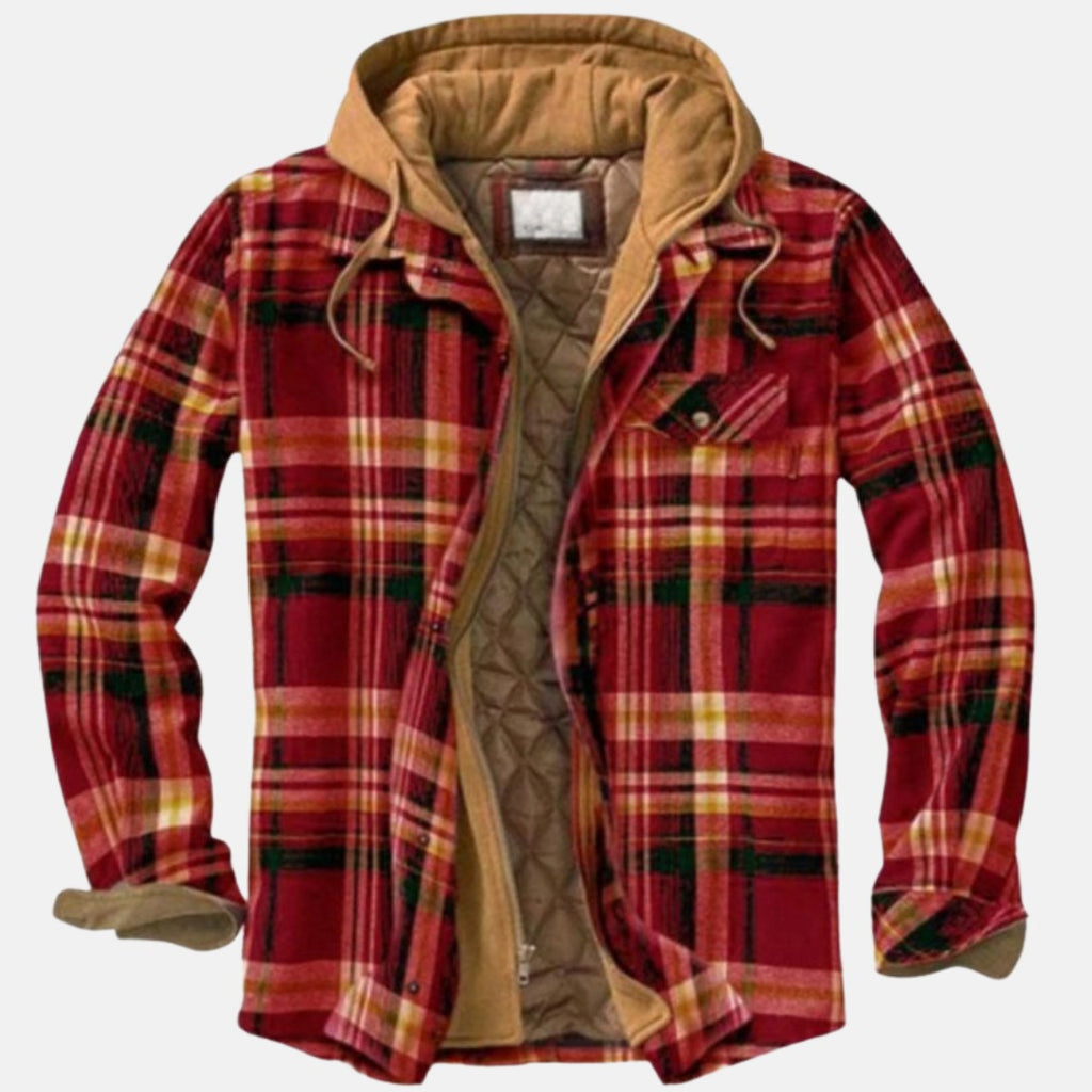 Chaqueta de cuadros para hombre con capucha y botones en rojo