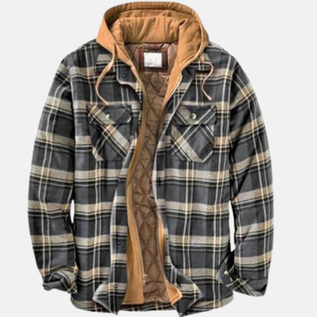 Chaqueta de cuadros para hombre con capucha y botones en gris oscuro