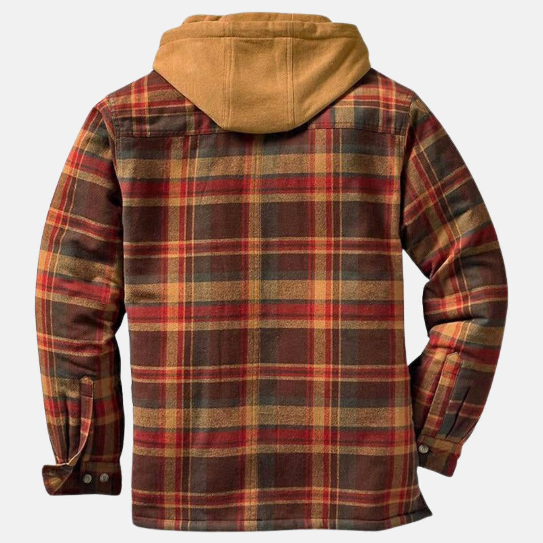 Chaqueta de cuadros para hombre con capucha y botones en marrón, vista trasera