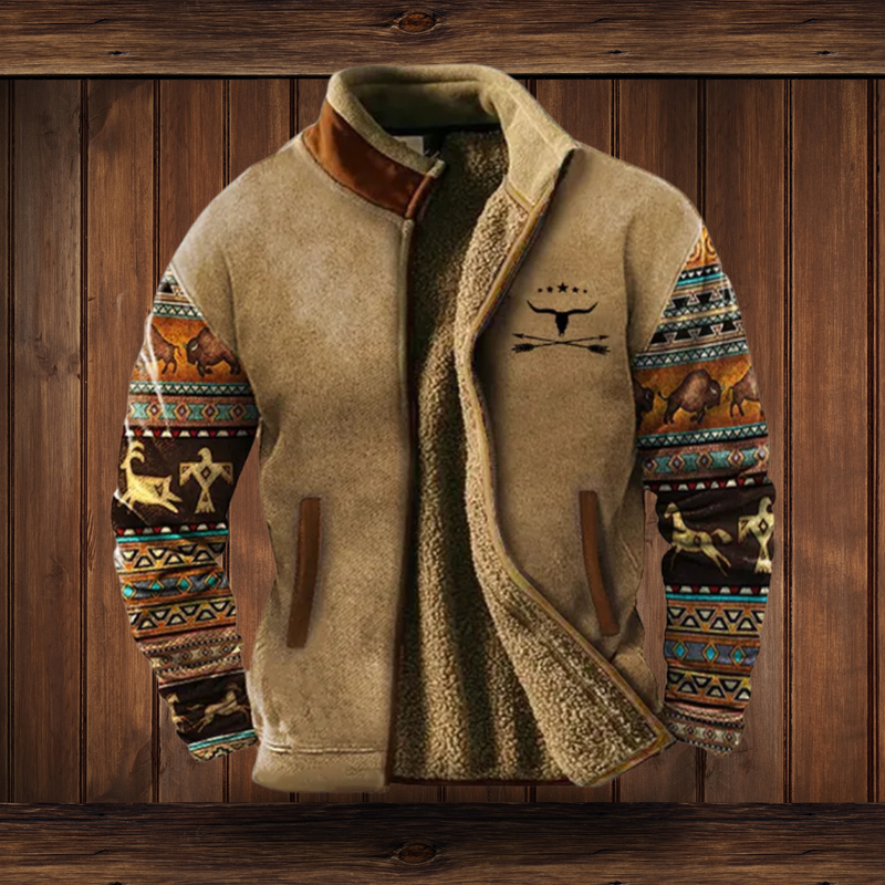 Chaqueta de efecto borreguito con cuello alto para mujer en camel – con mangas estampadas – vista frontal